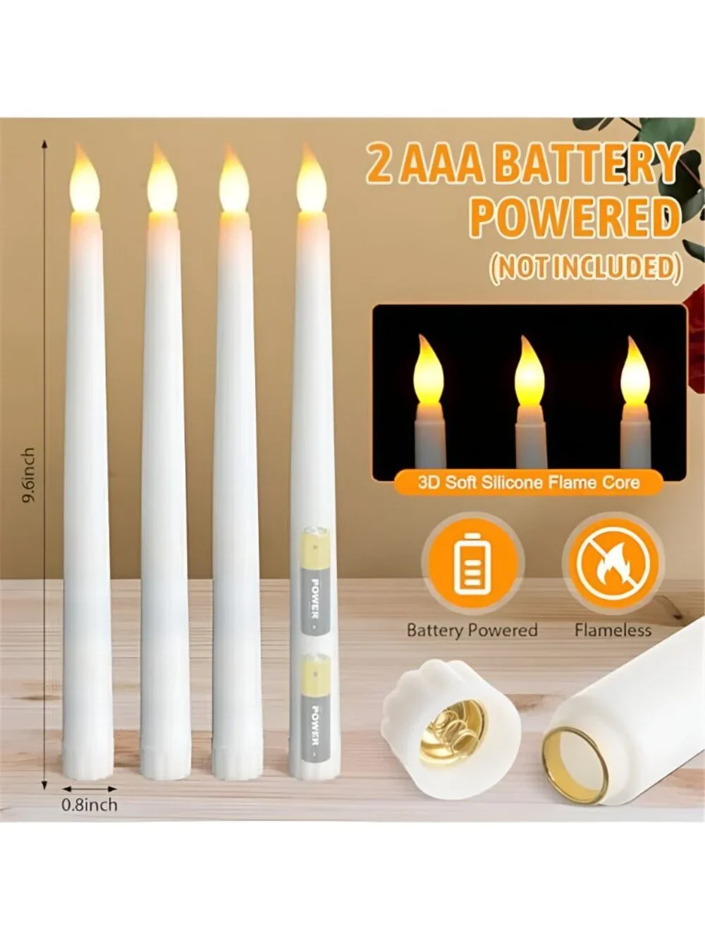 50 Pcs 9.7 Inch White LED Flameless Taper Candles Bulk